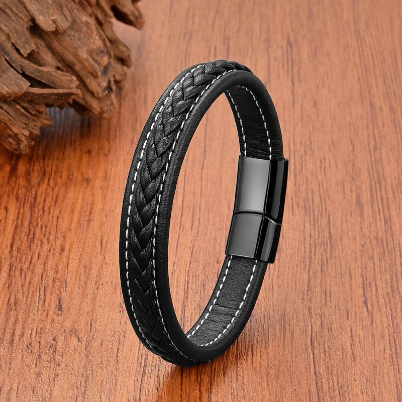 Vintage Men Europe and America Stainless Steel Magnet Open Bangle Multi-Size Woven Leather Hand Rope Classic Party Gift Present Style B-Black