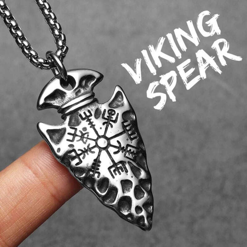 Viking Arrowhead Vegvisir Pendant Necklace – 316L Stainless Steel Norse Amulet N1460-60cm Chain-S