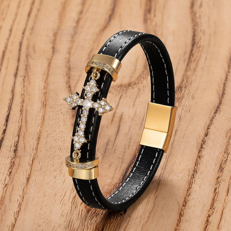 Black Leather Cross with Diamond Bracelet for Faith Gifts Gold-D