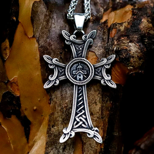 Celtic Cross Pendant Necklace - Stainless Steel Cross with Intricate Celtic Knot and Church Symbol