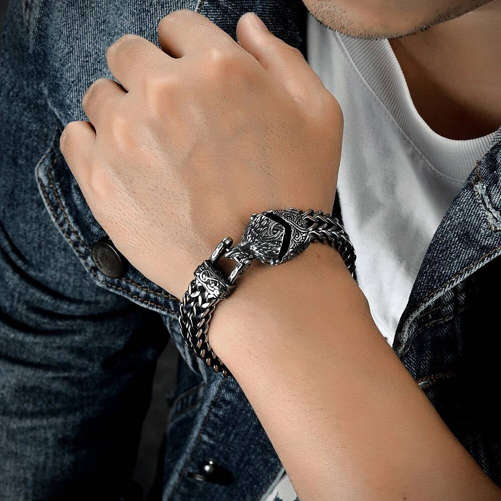 Viking Wolf Head Chain Bracelet – Norse Stainless Steel Armring