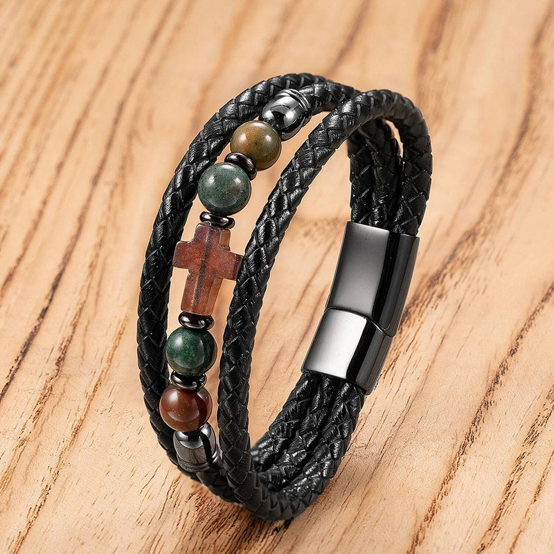 Black Braided Leather Bracelet with Green Jade Beads - Stylish Multi-Layer Magnetic Clasp Jewelry for Casual Wear and Gifts Style-D