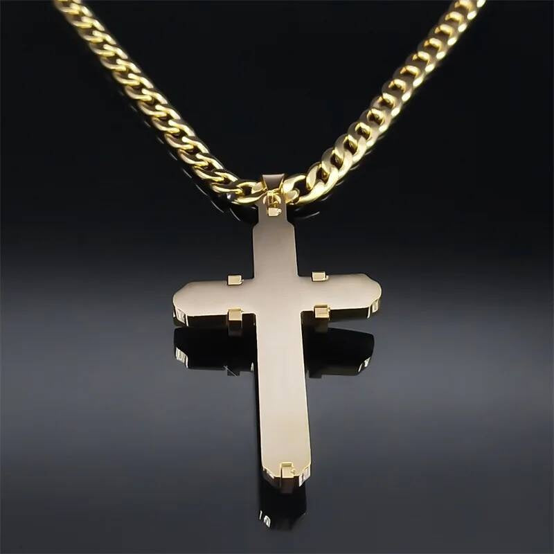 Gold-Tone 3D Cross Pendant – 316L Stainless Steel Men’s Chain Necklace