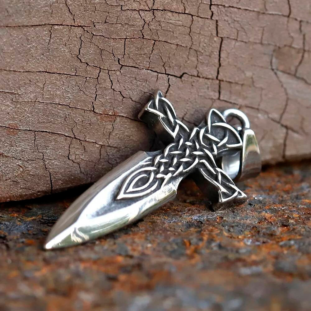 Celtic Sword Cross Pendant Necklace, Silver Viking Jewelry with Intricate Knot Design