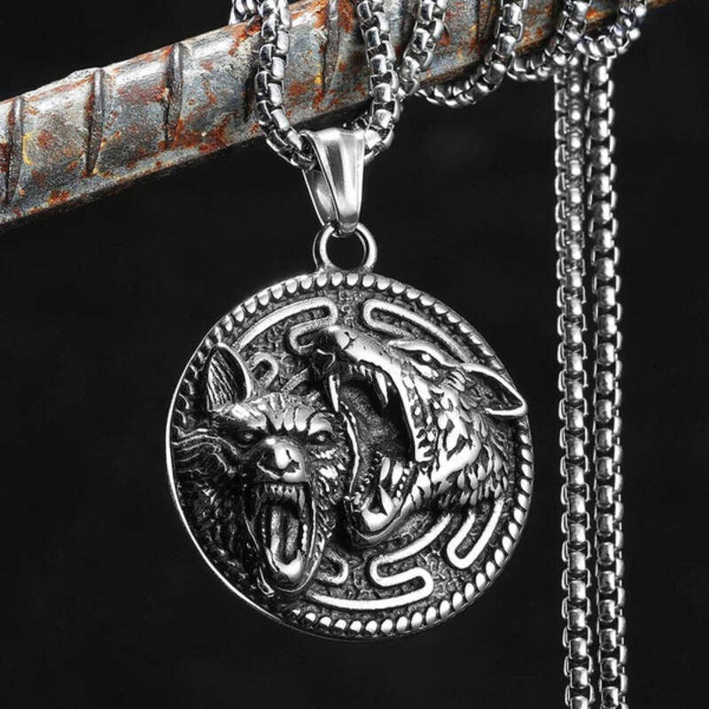 Dual Wolf Pendant Necklace, Fierce Silver Tribal Jewelry with Howling Wolves Design