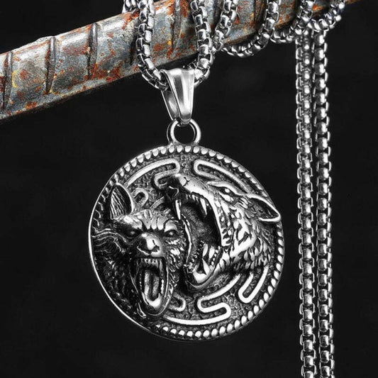 Dual Wolf Pendant Necklace, Fierce Silver Tribal Jewelry with Howling Wolves Design