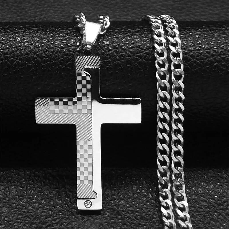 Cross Necklace For Men Stainless Steel Pendant Cuban Chain Male Jewelry Accessories Silver Cross