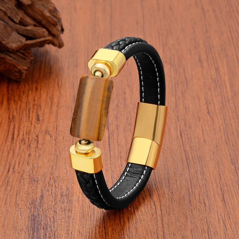 Oblong Agates Tiger Eye Beads Bracelet Women Accessories Leather Bangle Matching Bracelets for Man European and American Tiger Eye-Gold