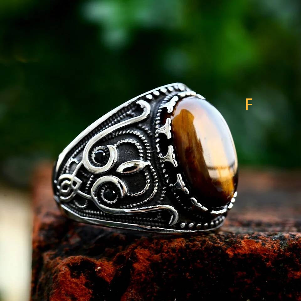 Vintage Tiger Eye Stone Ring – Stainless Steel Gothic Biker Jewelry