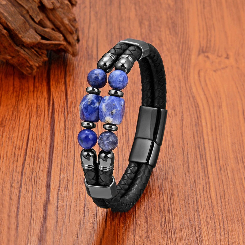 Black Braided Leather Bracelet with Green Jade Beads - Stylish Multi-Layer Magnetic Clasp Jewelry for Casual Wear and Gifts Lapis Lazuli