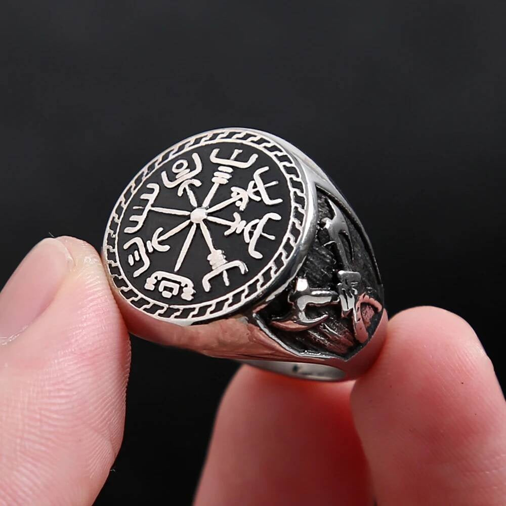 Viking Compass & Double-Axe Ring – 316L Stainless Steel Norse Amulet