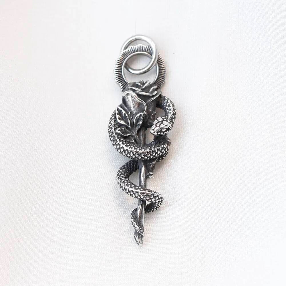 Snake and Rose Pendant Necklace – Gothic Key Jewelry with Snake and Rose Detail